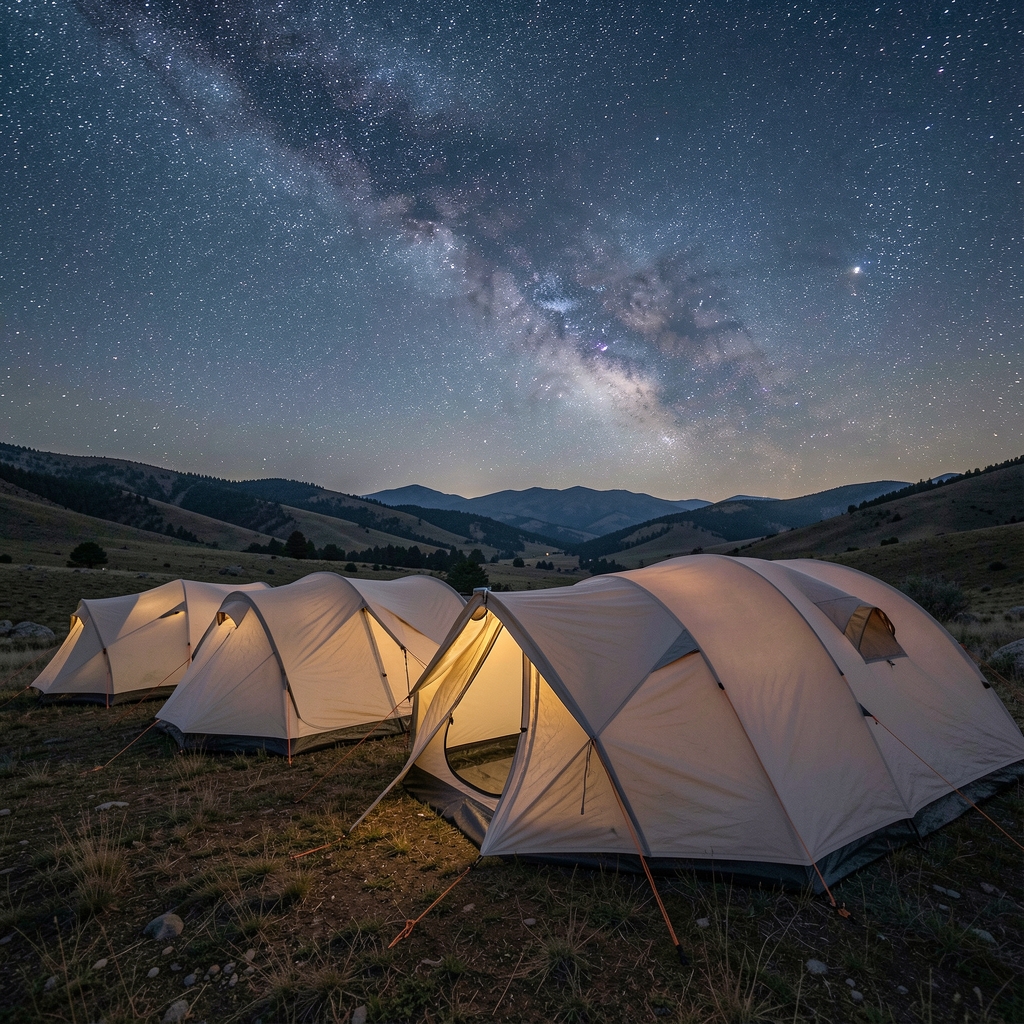 Gece kamp alanında kurulu çadır ve yıldızlı gökyüzü, uzak doğa ortamı