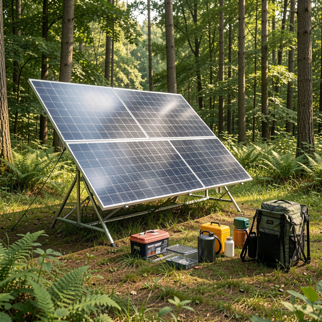 Solar enerji paneli ile kamp ekipmanları düzeni, yeşil doğa ortamında panel kurulumu