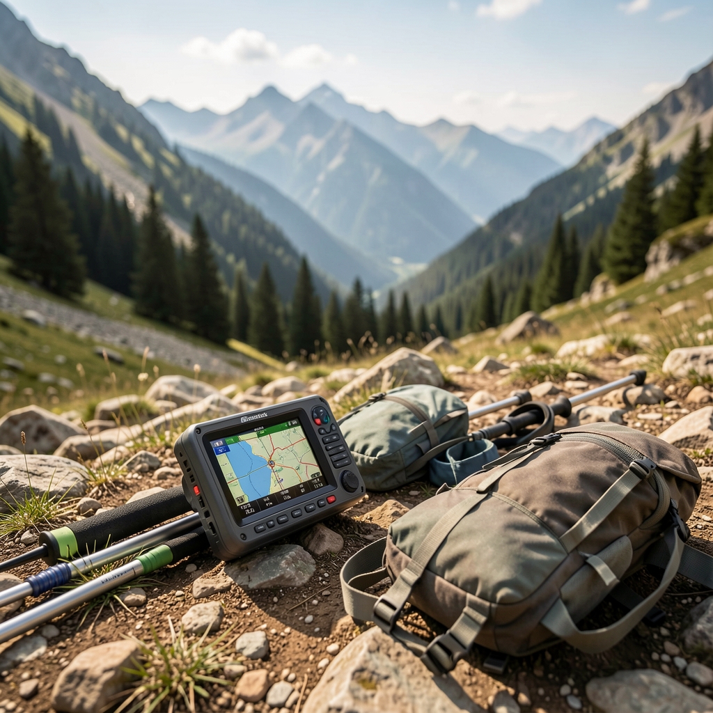Dağ rotasında GPS navigasyon cihazı ve trekking ekipmanları