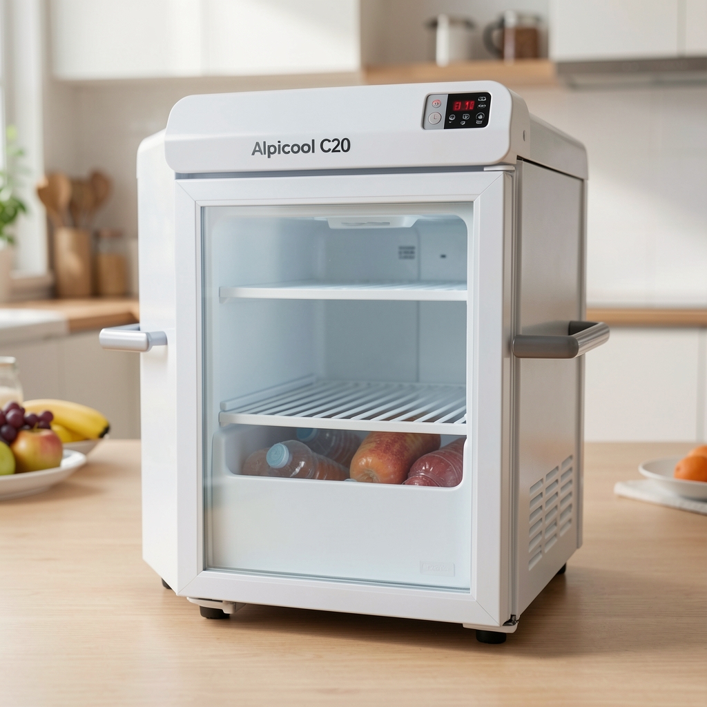 Alpicool C20 kompak taşınabilir mini buzdolabı, taşıma sapları ve kontrol paneli