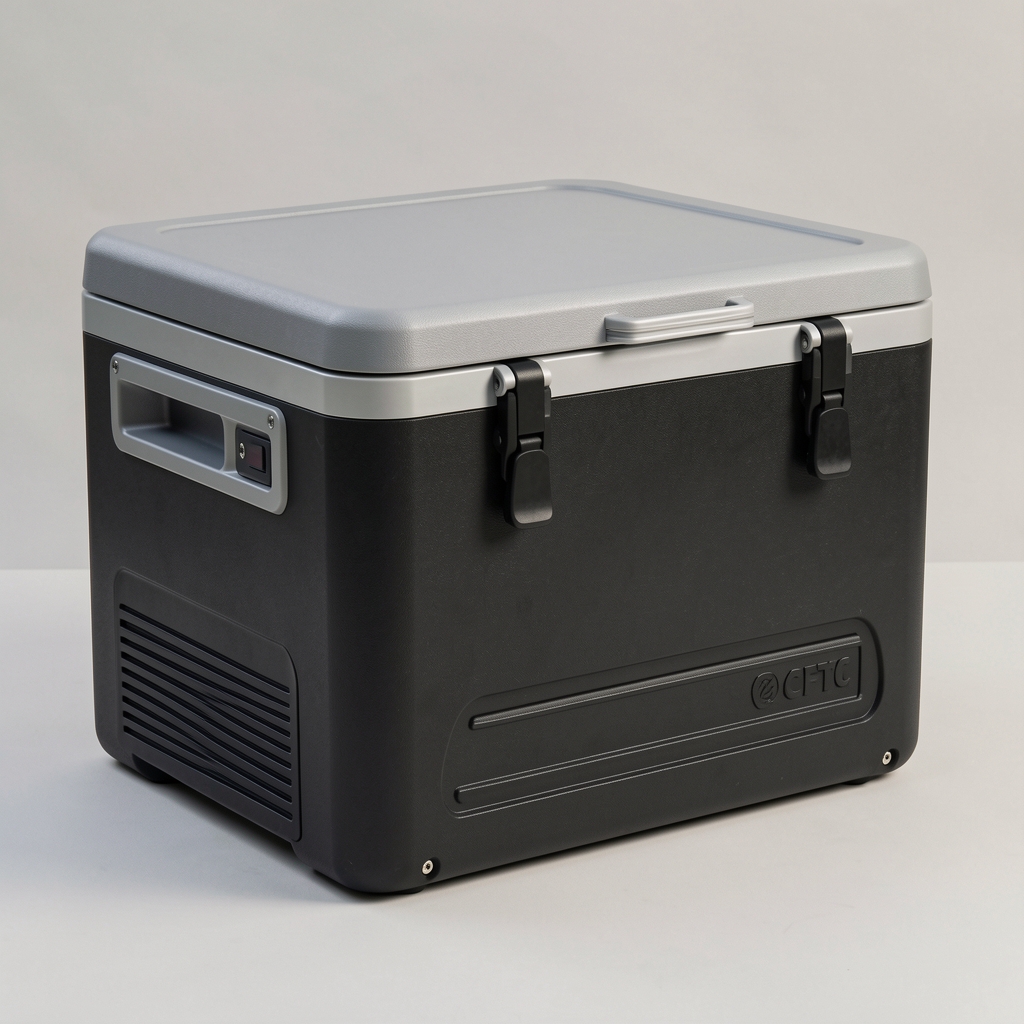 Dometic CFX3 55 kompresörlü taşınabilir kamp buzdolabı, gri-siyah gövde ve kapak menteşeleri
