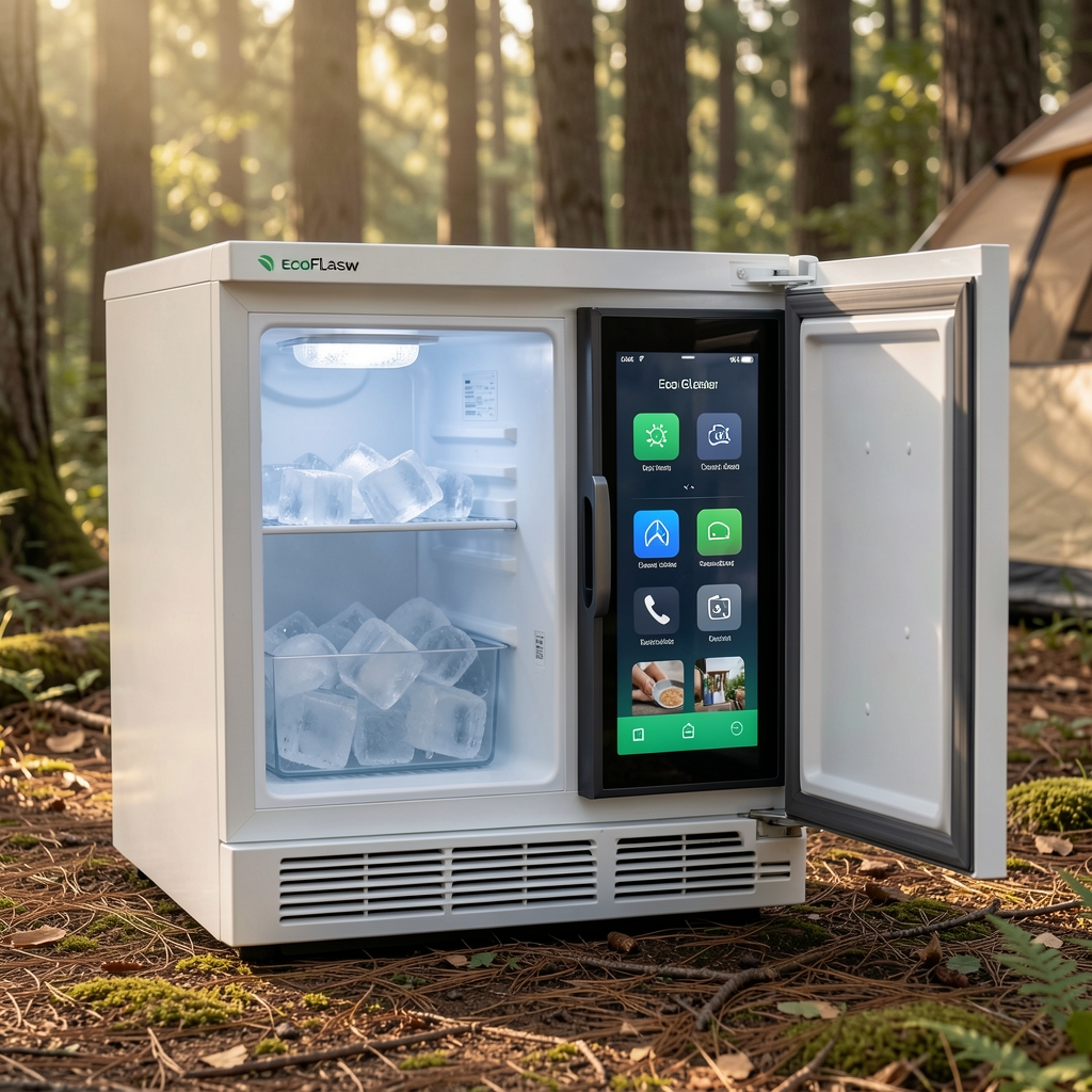 EcoFlow Glacier kompresörlü kamp buzdolabı, buz yapma özelliği ve akıllı kontrol ekranı