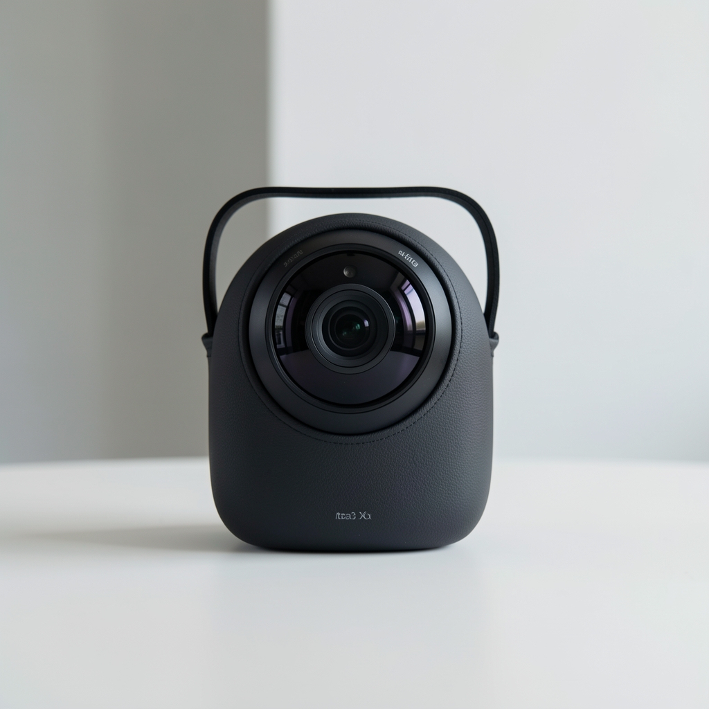 Insta360 X4 360 derece kamera, yuvarlak lens sistemi ve taşıma kılıfı