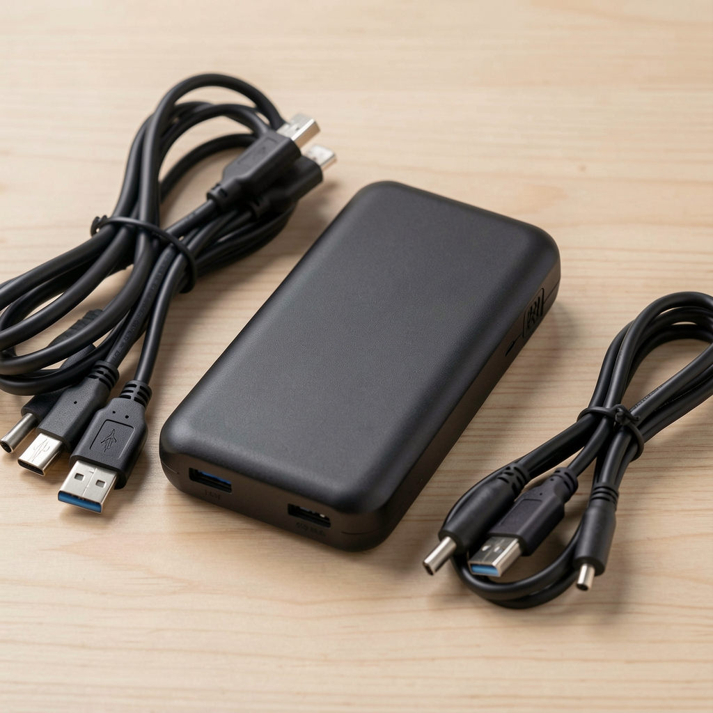 Çeşitli bağlantı kabloları yanında duran kompakt seyahat powerbank cihazı