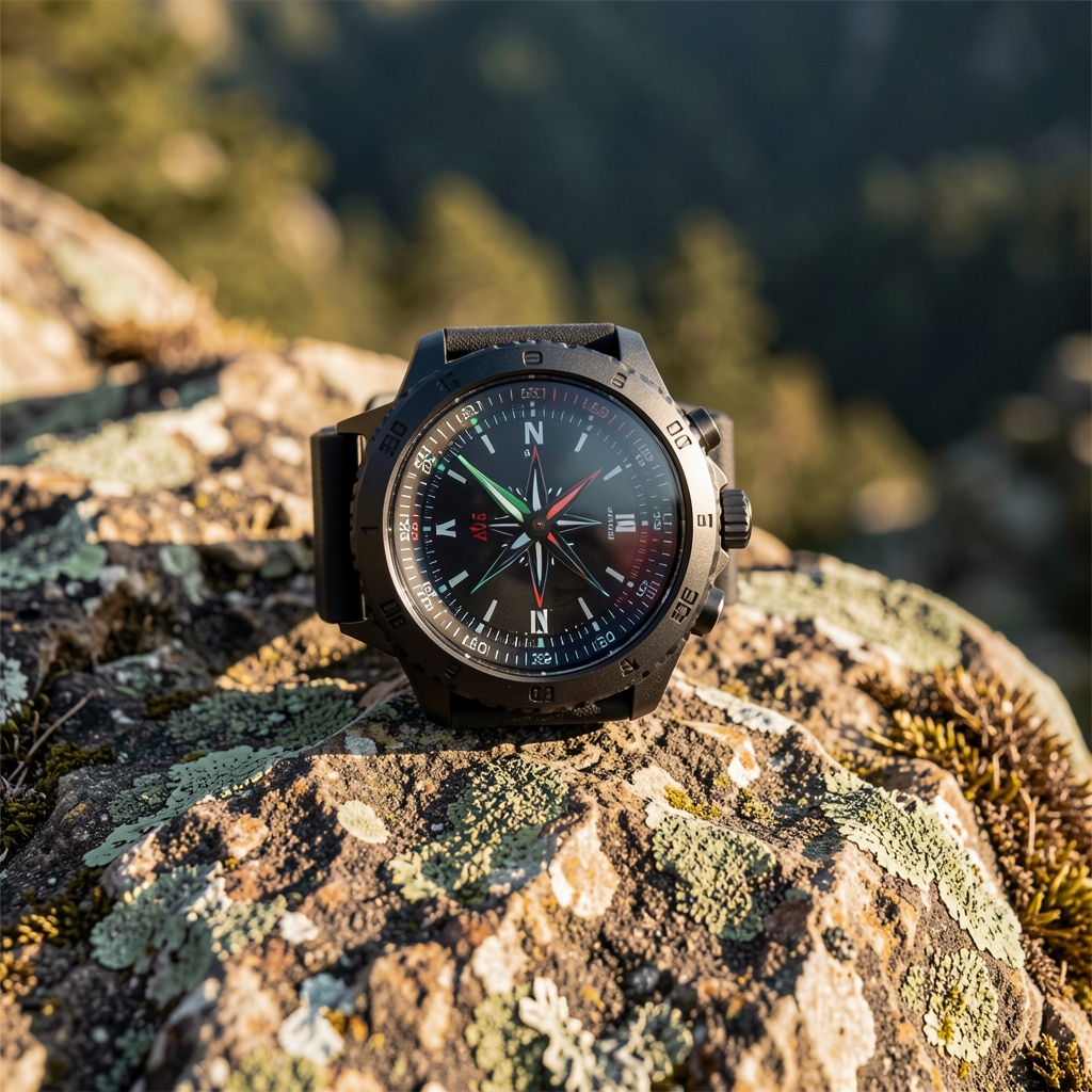 Doğa koşullarında bir kaya üzerinde duran outdoor GPS saati, kompas kadranı görünür